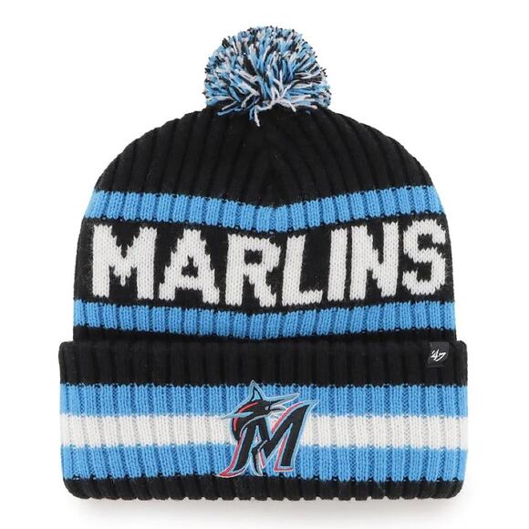 NWT '47 Men's Miami Marlins Black Beanie Cuffed Knit Hat Pom One Size - Picture 1 of 3